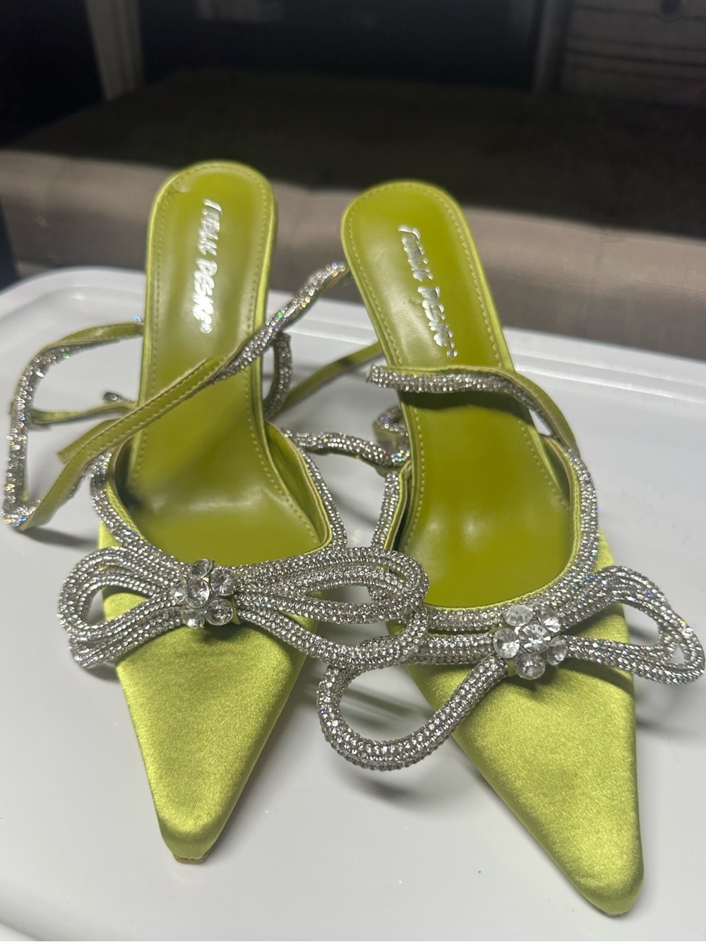 Public Desire Lime Green Satin Rhinestone Bow Heels Women’s 7